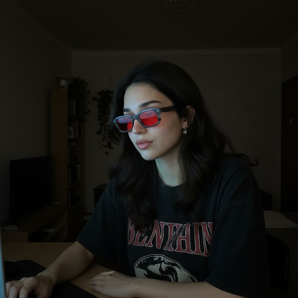 Wearing Amber at a desk
