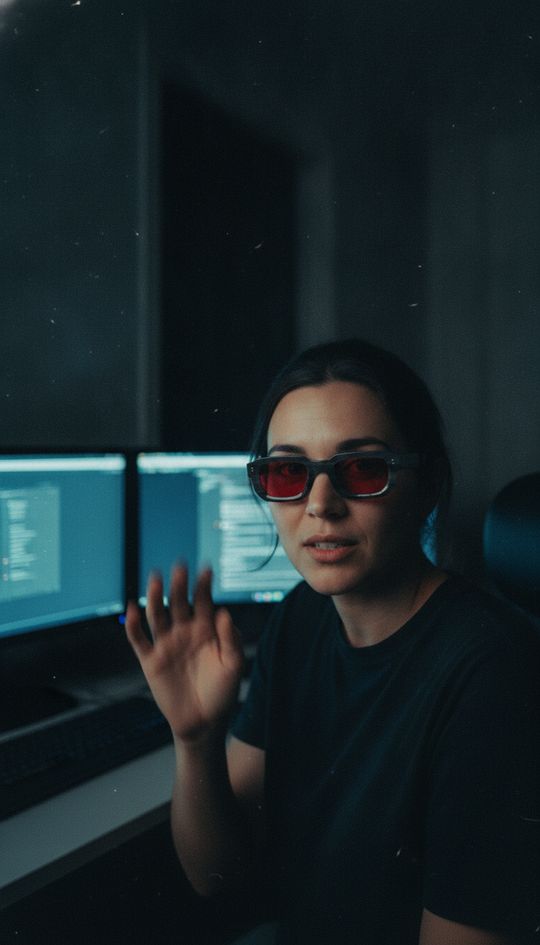 Wearing Amber at a desk late at night